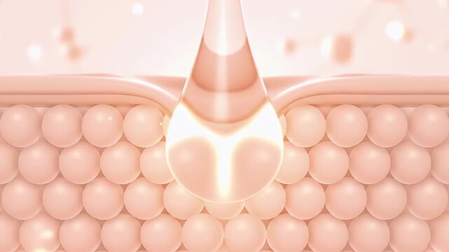  Serum Liquid Bubbles Attached to Skin. Hyaluronic Acid Molecules Helps Skin Stretch and Flex. Skin Care Cosmetics Solution

