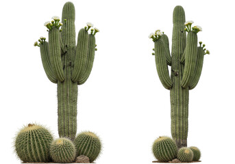 Isolated saguaro cactus and golden barrel cacti plants, flowering succulents of Southwest desert © Ophelia