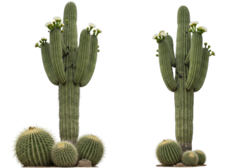 Isolated saguaro cactus and golden barrel cacti plants, flowering succulents of Southwest desert