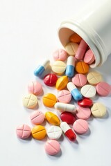 Spilled assorted pills and capsules on white background, shot, light, pharmaceutical