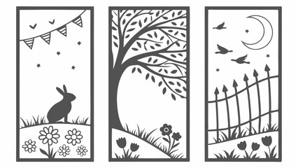 Whimsical Laser Cut Decorative Panels featuring Spring Nature Silhouettes. Charming Garden Scenes with Bunny, Tree, and Birds for Home Decor and Craft Design.