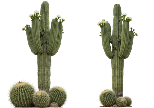 Isolated saguaro cactus and golden barrel cacti plants, flowering succulents of Southwest desert