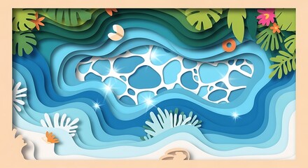 Beautifully layered paper cut illustration of a sparkling swimming pool on a sunny day