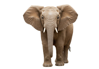Obraz premium Isolated African elephant, portrait, walking forward, trunk down, tusks, ears spread wide