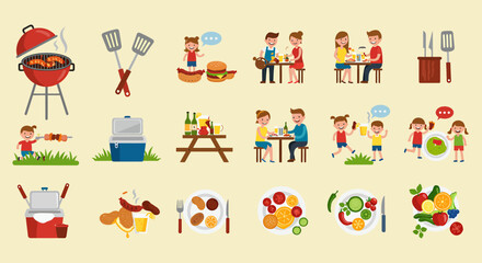 Naklejka premium Flat icons depicting a backyard barbecue setup food drinks and various groups of people socializing