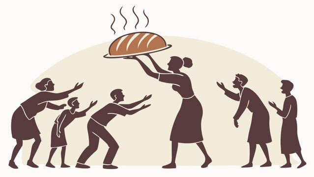 Generous Woman Sharing Fresh Bread with Hungry People. Community Food Aid, Hunger Relief, and Social Support.