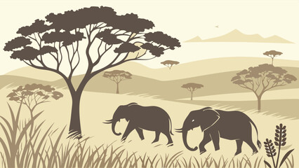 Obraz premium Majestic African Elephants Walking in Serene Savanna Landscape. Safari Travel, Wildlife Conservation, Nature Illustration.