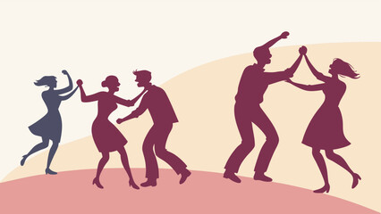 Energetic Couples Dancing Joyfully at a Lively Social Event. Perfect for Dance Class Promotion, Party Invitations, and Community Entertainment.