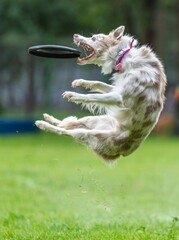 A dog runs and catches a Frisbee