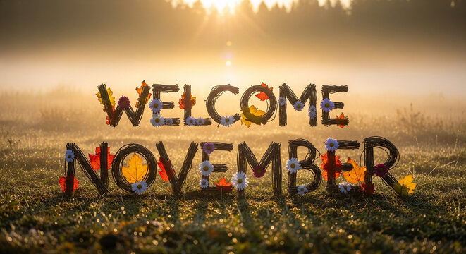 welcome november, nature background, forest morning, autumn leaves, misty forest, natural lettering, november greeting, eco design, sunlight, fall atmosphere, inspirational wallpaper, realistic nature