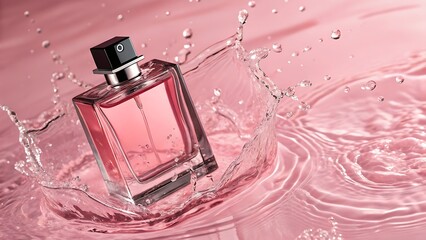 Pink perfume bottle splashing in water on pink background
