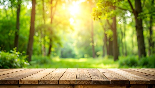 Wooden table in a lush forest