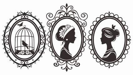Elegant Vintage Silhouette Frames with Women Profiles and Bird Cage. Ornate Decorative Design for Invitations, Crafts, Web, and Print.
