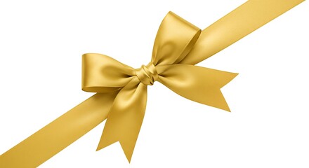 Elegant golden ribbon bow tied diagonally across a clean white background, perfect for gifts.