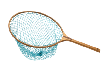 Isolated landing net for trout or salmon fishing equipment accessory on clean backdrop