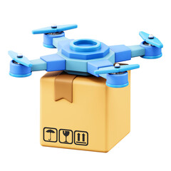 Blue Drone Delivering a Cardboard Box Package with Fragile Shipping Symbols on a Transparent Background