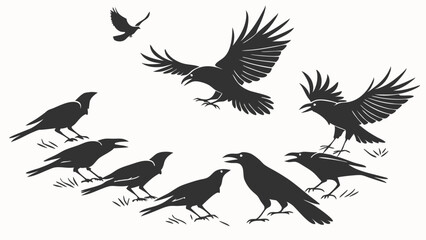 Obraz premium Flock of Crows Meeting Communicating Black and White Illustration for Business Strategy Teamwork Leadership
