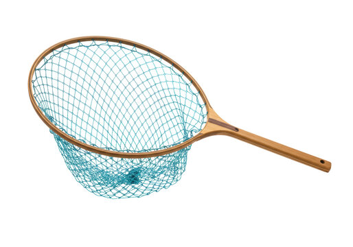 Isolated landing net for trout or salmon fishing equipment accessory on clean backdrop