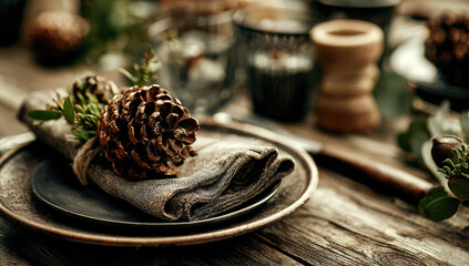 Rustic place setting with pine cone and linen napkin
