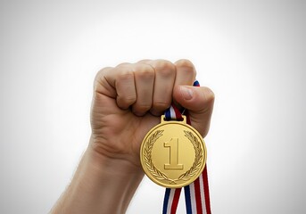 A winner's hand proudly clenches a first place gold medal with a tricolor ribbon, symbolizing victory.