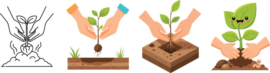 Hand planting seedling illustrations in different styles including cartoon, realistic, and outline with soil and green leaves on white background