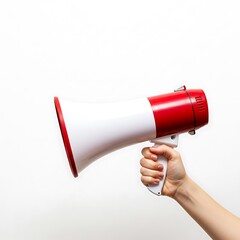 A person's hand firmly grips a red and white megaphone, ready to amplify a message.