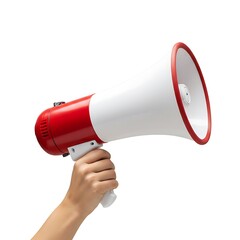 A hand holds a red and white megaphone against a white background, suggesting communication, announcement, or protest.