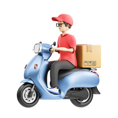 Male Delivery Person Wearing Red Cap and Shirt Riding Blue Scooter With Cardboard Box On Back Against Transparent Background