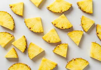 Naklejka premium Fresh yellow pineapple wedges and slices arranged on a clean white background from a top-down view.
