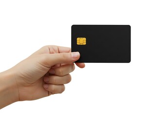A hand holding a blank black credit card with a gold chip, isolated on a white background.