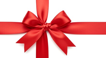 A beautiful red gift bow made of shiny satin ribbon, tied in a cross shape and isolated on a white background.
