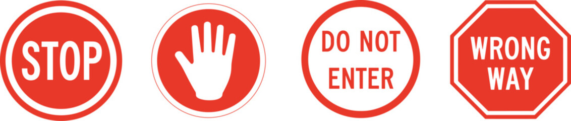 Collection of traffic signs including stop do not enter and wrong way symbols