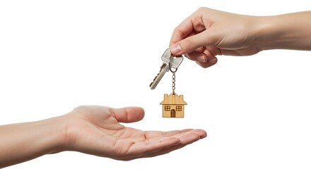 Obraz premium Two hands exchanging keys with a house-shaped keychain, isolated on a white background.