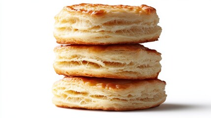 Stack of Three Golden Biscuits on a White Background, Freshly Baked, Flaky Texture, Comfort Food, Close-up View
