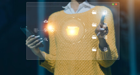 Document management system concept, Businessman signs electronic documents on digital documents, searching and managing files online document database, for efficient archiving and company data