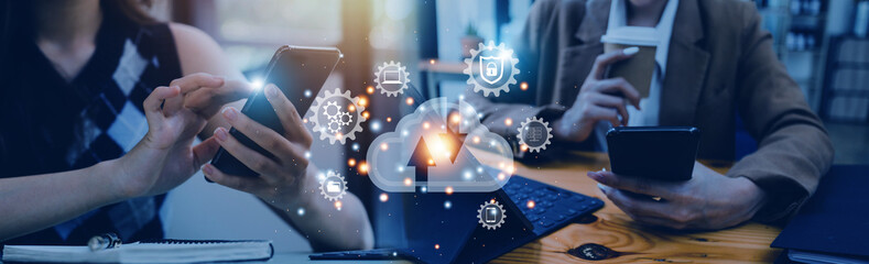 man showing virtual screen with cloud computing diagram. Cloud technology. Data storage. Networking and internet service concept.