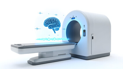 Alpha wave A 3D holographic medical scanner with a floating brain icon and pulsing alpha wave signals, the entire scanner isolated on white for future health(3)