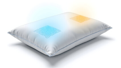 Alpha wave A digital smart pillow with embedded alpha wave sensors, blue and gold signal lines gently rising from the surface, pillow isolated on white (1)