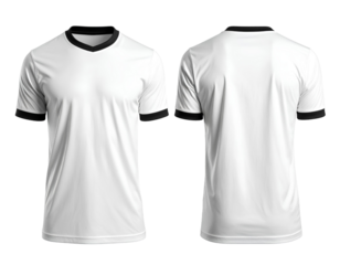 Clean mockup of plain white soccer jersey, front and back view, sports apparel design, isolated on transparent background, PNG