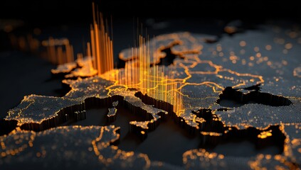A textured, illuminated map of Europe with data bars over the countries