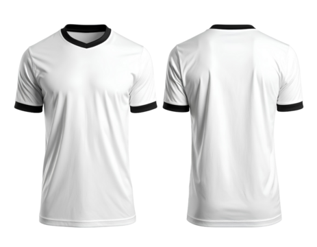 Clean mockup of plain white soccer jersey, front and back view, sports apparel design, isolated on transparent background, PNG