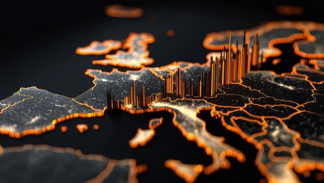 Stylized geographic visualization of Europe, displaying data with illuminated lines and bar graphs
