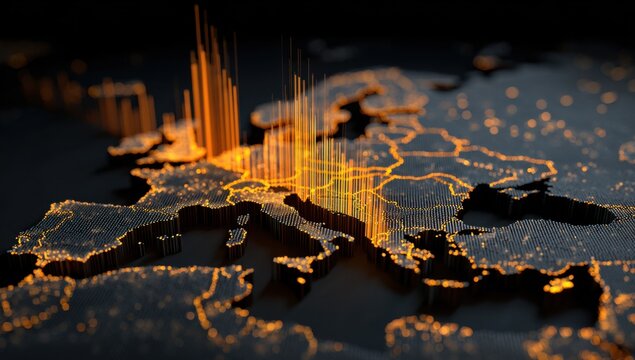 A textured, illuminated map of Europe with data bars over the countries