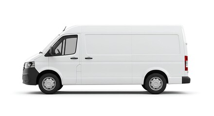 A modern white commercial cargo van shown in a side profile view, isolated on a plain white background.