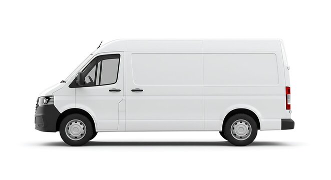 A modern white commercial cargo van shown in a side profile view, isolated on a plain white background.