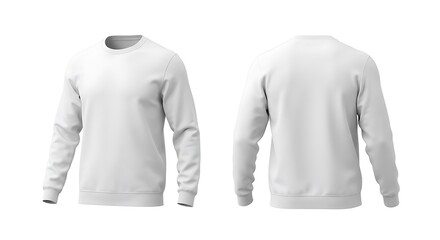 Two views of a plain white long-sleeved crewneck sweatshirt, presented front and back against a stark white background, showcasing its simple design and fabric texture.