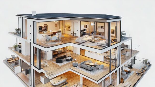 Modern luxury house cross section displaying complete interior design