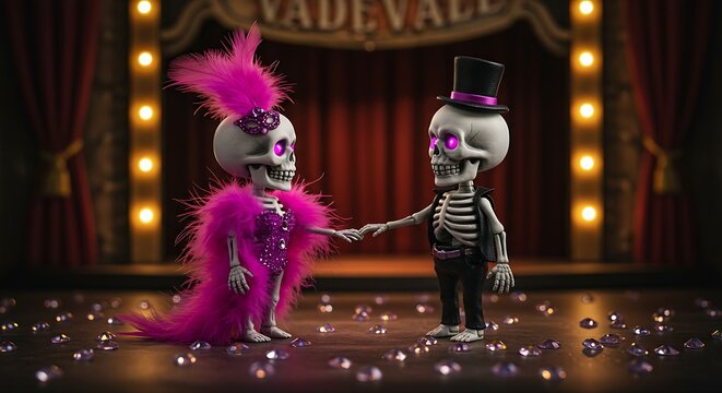 Two skeletons face each other,holding hands.The female skeleton,dressed in a bright fuchsia feathered showgirl outfit.The scene is set on a stage with a velvet curtain floor in a vaudeville theatre