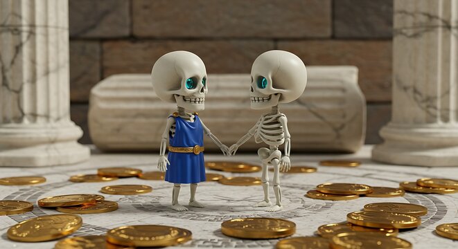Two skeletons face each other,holding hands.The female skeleton,dressed in a royal blue Greek chiton with a silver belt.The scene is set on a white marble mosaic floor in an ancient Greek temple ruin,