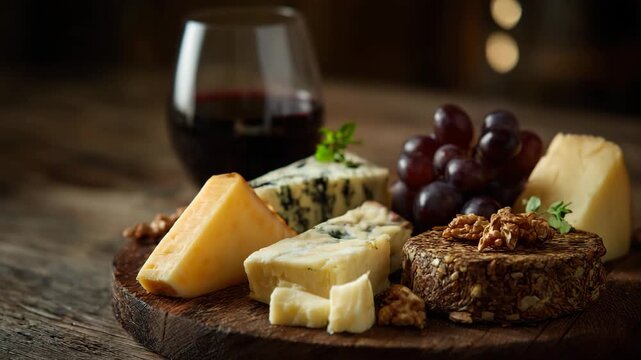 An exquisite arrangement of various cheeses accompanied by grapes and a glass of wine, showcasing a gourmet experience perfect for indulgence and sophistication.